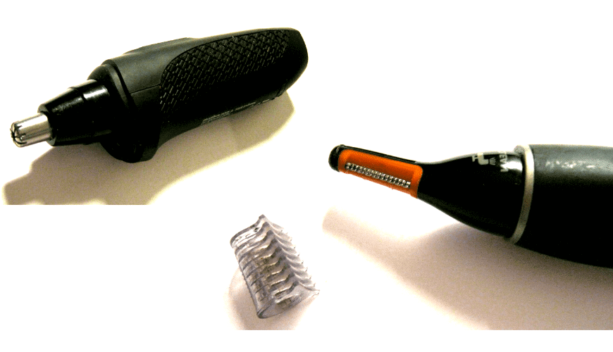 A mustache trimmer and an eyebrow trimmer with guard.