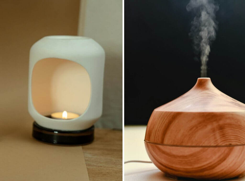 Side-by-side comparison of two aroma diffusers: a white ceramic candle diffuser with a lit tealight on the left, and a modern wood-grain electric diffuser emitting mist on the right.
