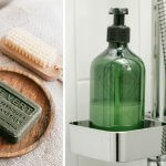 Bar soap and body wash displayed in a bathroom setting—traditional bar soap on a wooden dish, contrasted with modern pump bottles in a shower caddy.