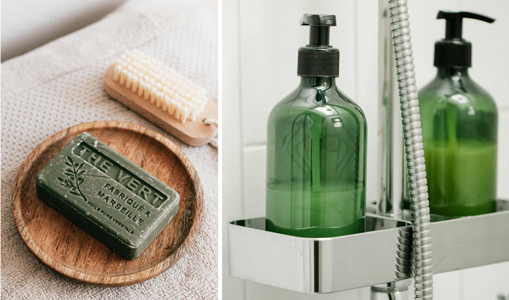 Bar soap and body wash displayed in a bathroom setting—traditional bar soap on a wooden dish, contrasted with modern pump bottles in a shower caddy.