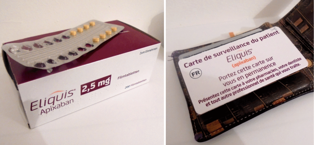 A box of apixaban (left) and a patient alert issued by Eliquis (right).