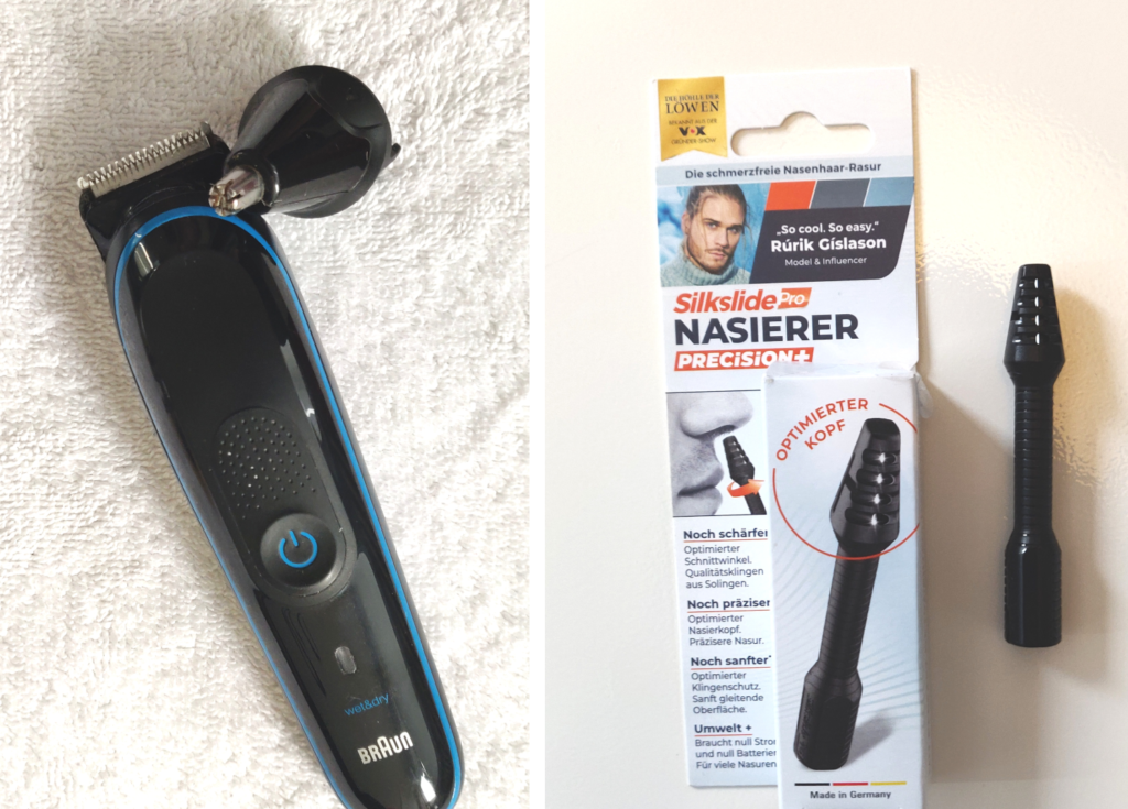 A nose hair trimmer as part of a set (left) and a manual device (right).