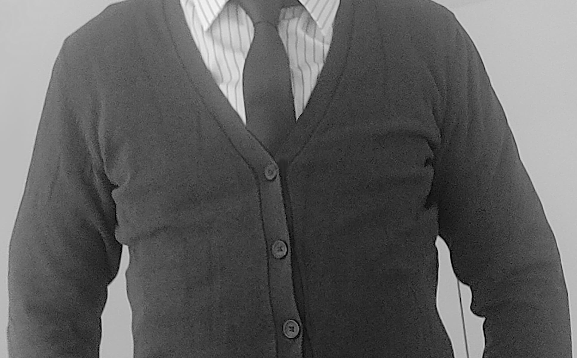 The torso of a man wearing a V-neck cardigan with a striped shirt and a tie.