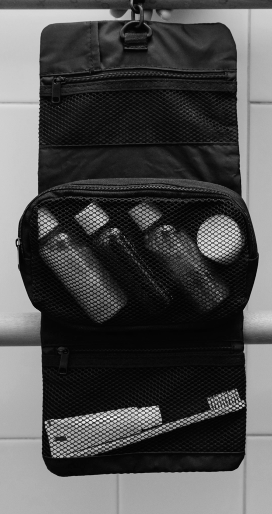 A hanging toiletry bag.