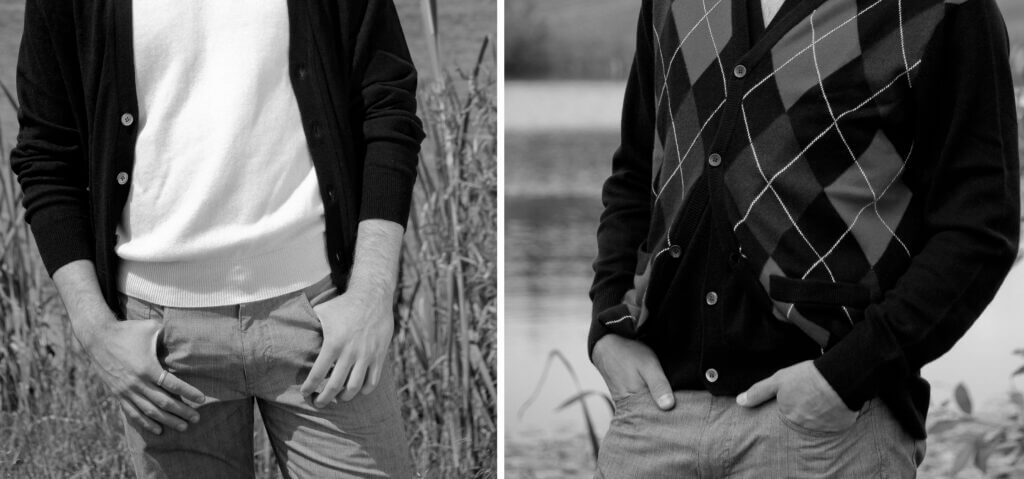 Two images of a man with his hands in scoop pockets.