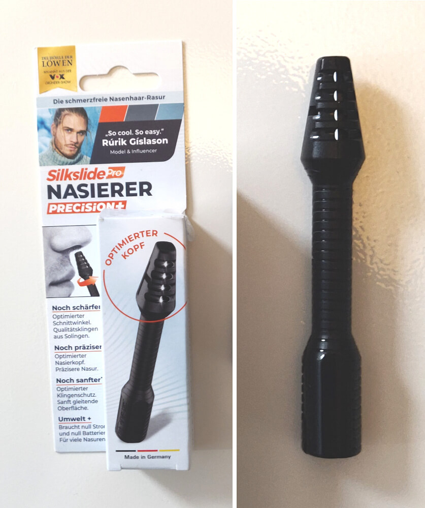 A Silkslide manual nose trimmer right, and it's packaging on the left.