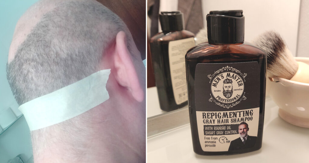 Photo left shows masking tape positioned on the nape as a stencil for accirate trimming. Photo right shows a bottle of of Men's Master Repigmenting Gray Hair Shampoo on a bathroom shelf.