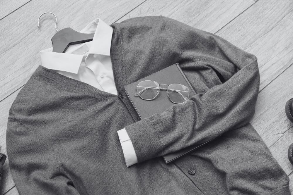 A men's V-neck cardigan layered over a dress shirt on a hanger.