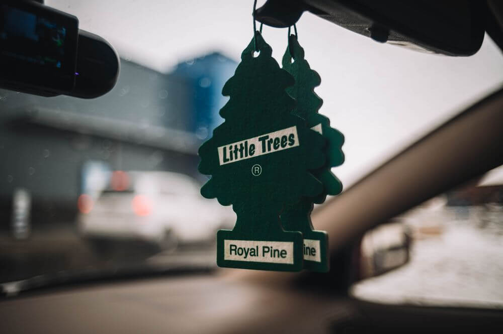 Little tree air fresheners hanging from a rear view mirror.