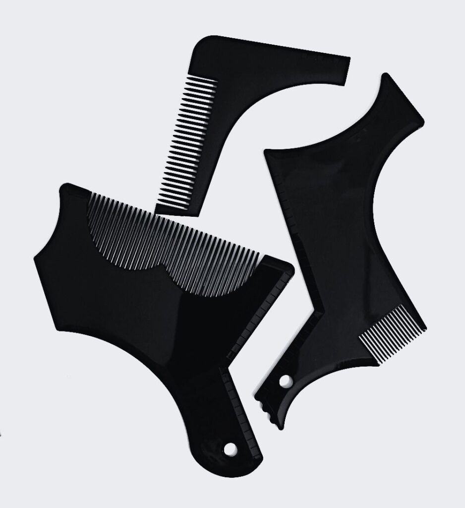 Three beard shaping stencils featuring combs.
