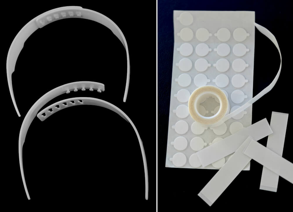Plastic under collar supports (left) and adhesive dots, wig tape, and strips of fashion tape (right).