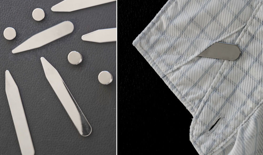 Magnetic collar stays (left) and a stay partially inserted into a stay slot (right).
