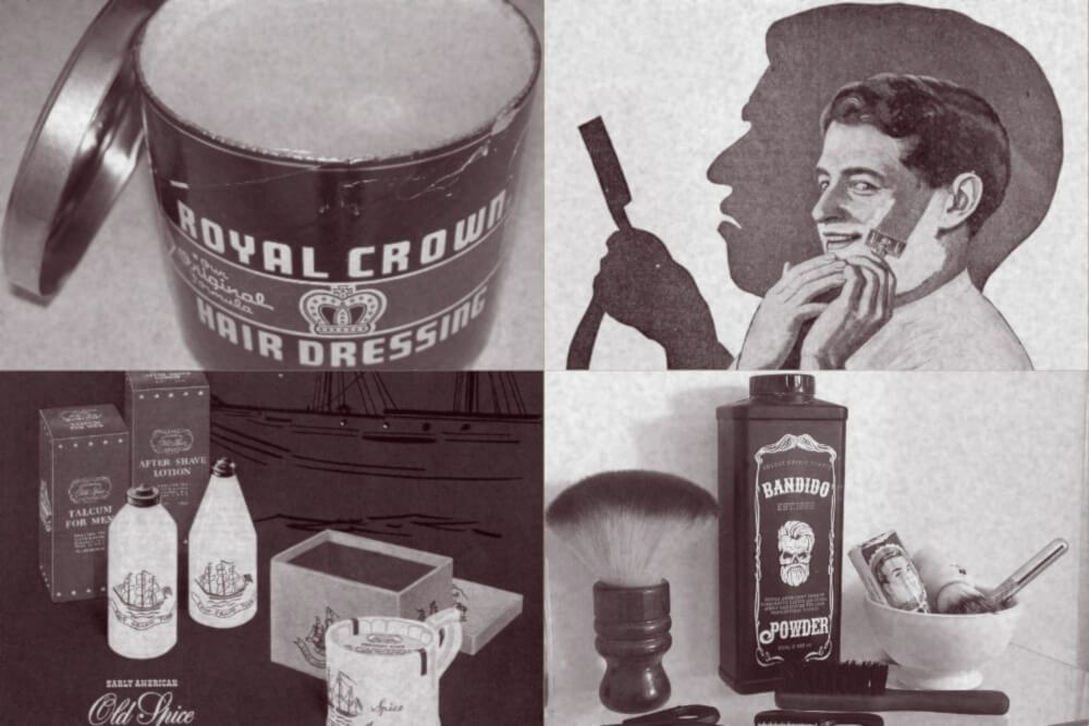A collage of men’s vintage grooming products. Top left: Royal Crown hair dressing pomade. Top right: a man shaving with a safety razor in a 1905 advertisement. Bottom left: Old Spice talc, aftershave and shaving mug in a 1944 advertisement. Bottom right: a barber’s neck duster, Banditos barber powder, a beard brush, a mustache comb, and a shaving bowl containing an Arko shaving stick, shaving brush and safety razor.